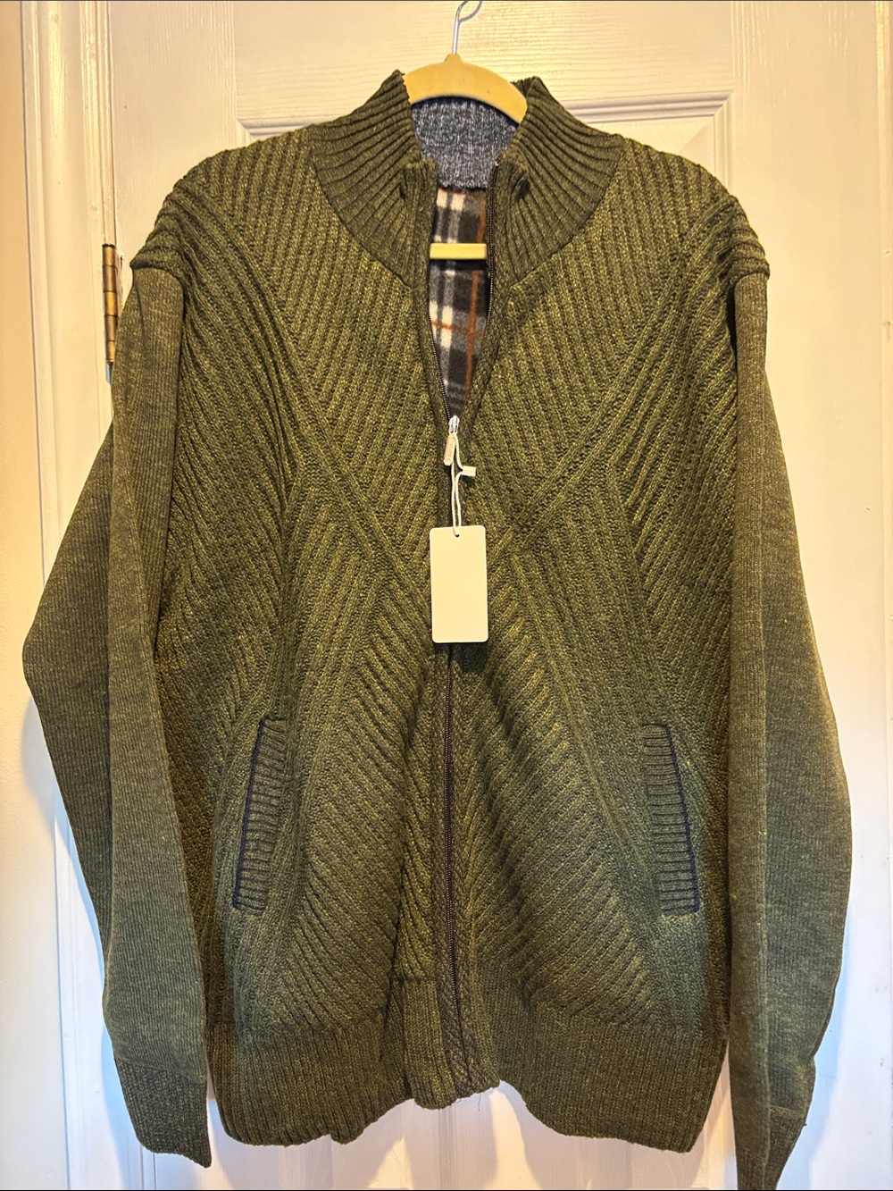 VtuAOL Men’s Full Zip Textured Knit Cardigan Olive Green Fleece Flannel XL NWT